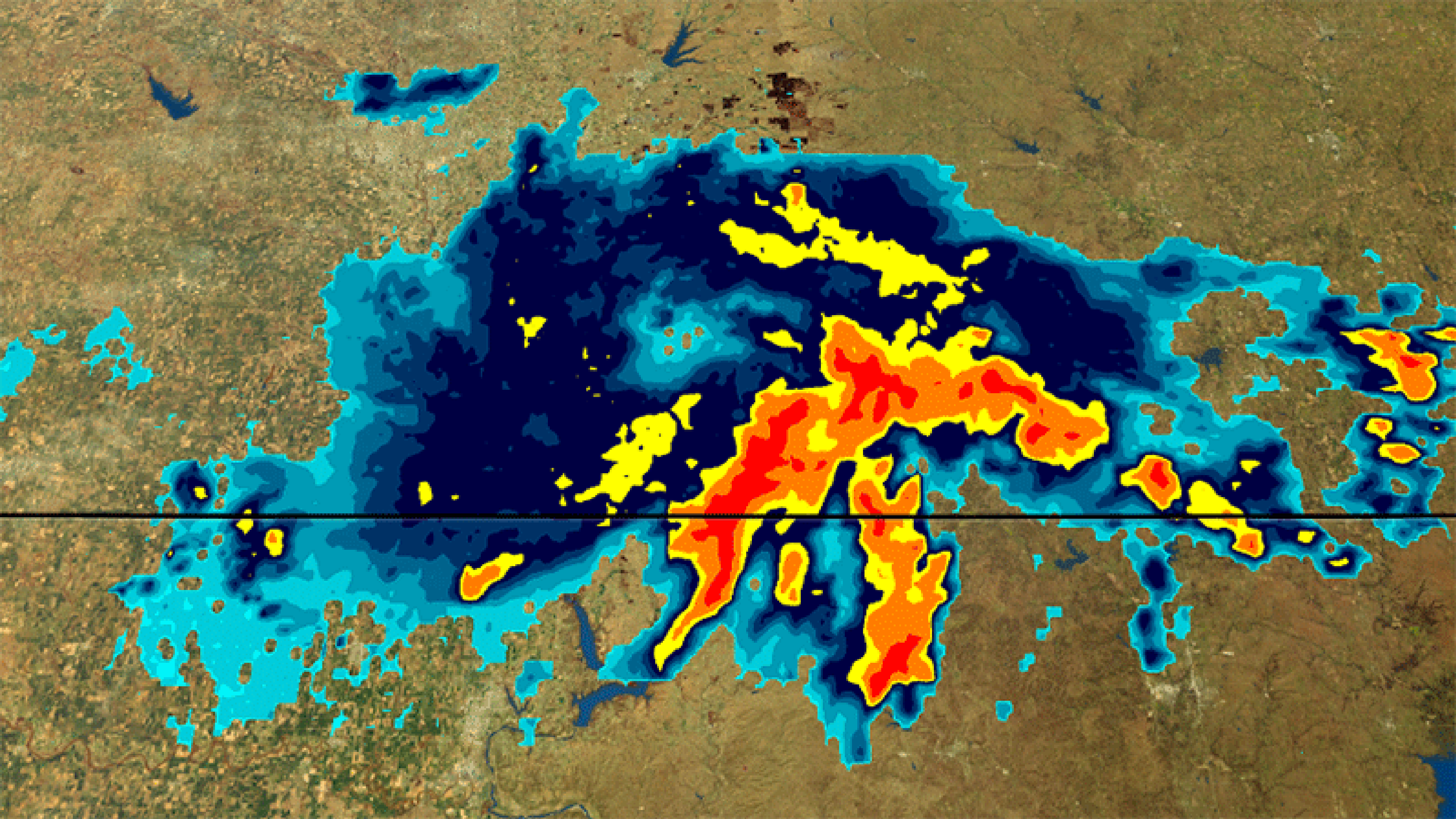 Radar animation of a cluster of thunderstorms resembling a tropical storm with an eye-like feature near the border between Kansas and Oklahoma early Wednesday.