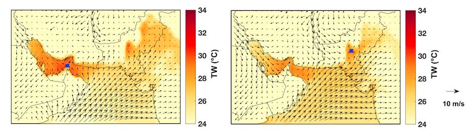 Weather analysis for Ras al-Khaimah, UH, and Jacobabad, Pakistan, on days of 35°C wet-bulb temperature