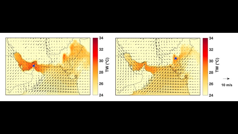 Weather analysis for Ras al-Khaimah, UH, and Jacobabad, Pakistan, on days of 35°C wet-bulb temperature