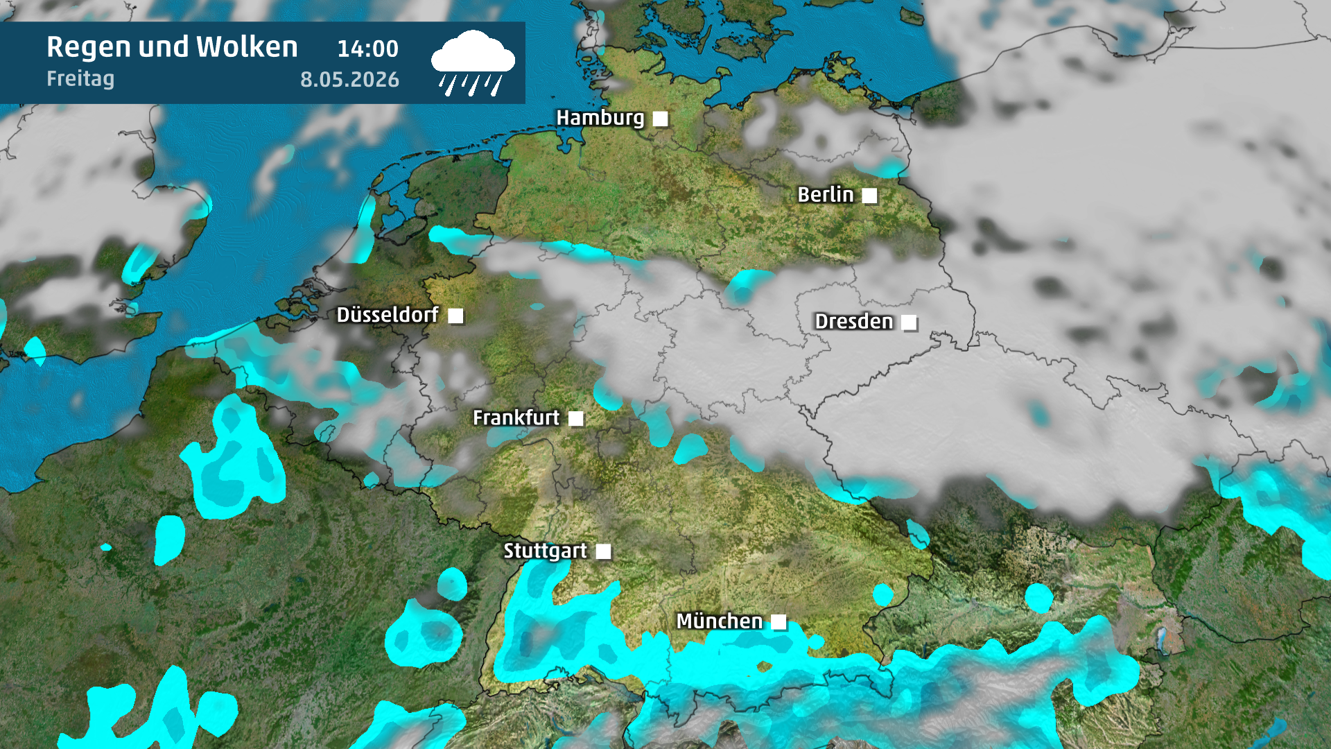 Wetterkarte von Deutschland mit Wolken- und Regengebieten sowie St&auml;dtenamen und Datumsangabe oben links