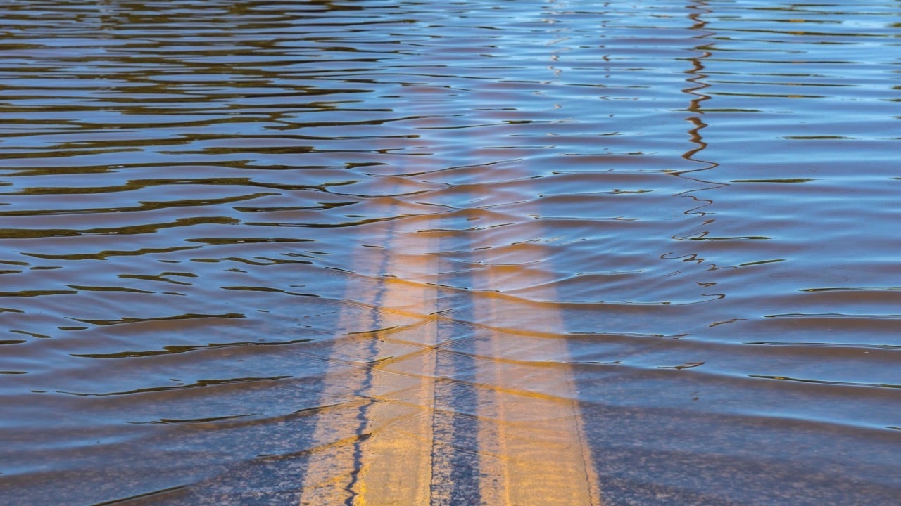 Closeup of high water flooding on neighborhood street.