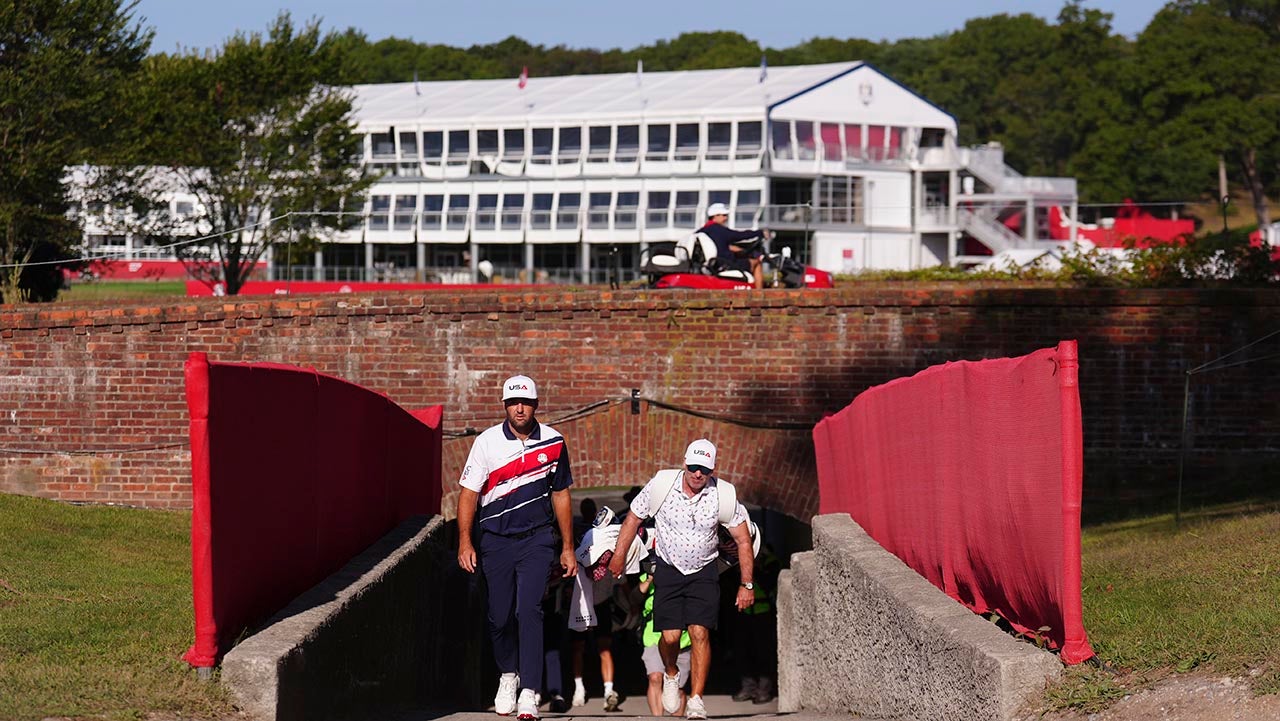 USA's Scottie Scheffler walking to the 2nd tee during a practice round at the Bethpage Black Course in Farmingdale, New York ahead of the 2025 Ryder Cup starting on Friday. Picture date: Monday September 22, 2025. 81710584 (Press Association via AP Images)