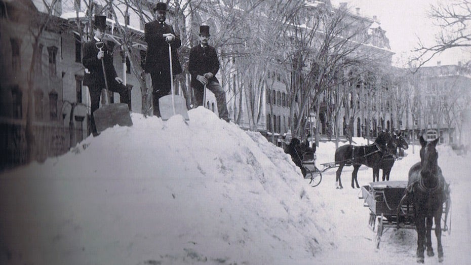 A massive snowbank in Saratoga Springs, New York, after the Blizzard of 1888
