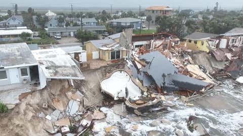 Homes and an underground pool in Daytona Beach Shores, Fla., are damaged by Tropical Storm Nicole’s storm surge on Thursday, Nov. 10, 2022. (Brandon Clement/LSM)