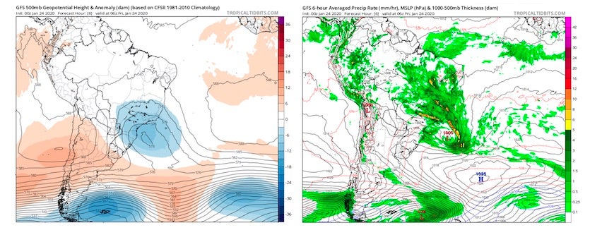 500-mb and surface maps showing weather setup for heavy rain in southeast Brazil on Thursday night 1/23/20