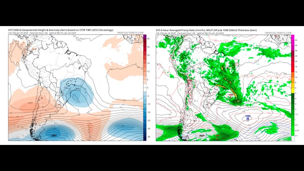 500-mb and surface maps showing weather setup for heavy rain in southeast Brazil on Thursday night 1/23/20