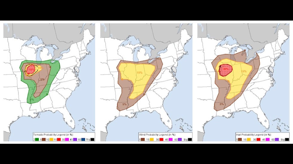 SPC probabilities for tornadoes (left), high winds (center), and large hail (right) for 3/28/20, issued midday 3/27/20