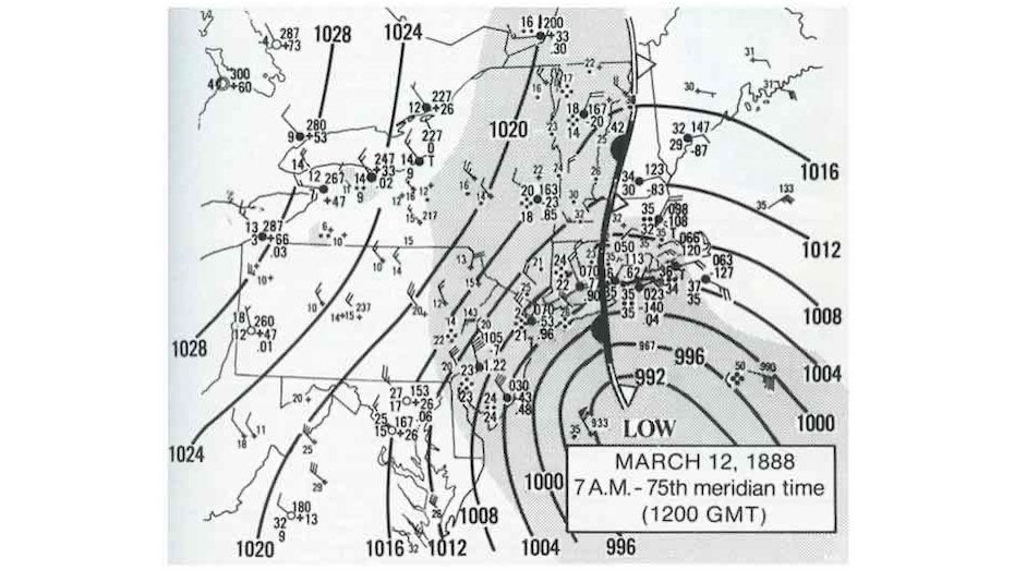 A detailed synoptic map for 7 a.m. EST on March 12, 1888