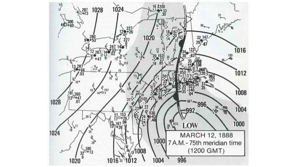 A detailed synoptic map for 7 a.m. EST on March 12, 1888