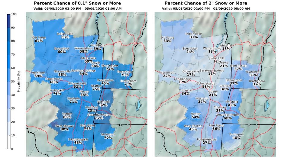 Probabilities of 0.1 and 2 of snow in Albany area, 5/8-5/9/20