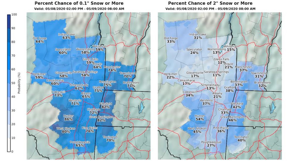 Probabilities of 0.1 and 2 of snow in Albany area, 5/8-5/9/20
