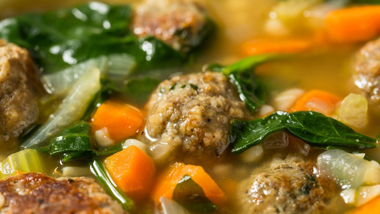 wedding soup with meatballs and spinach