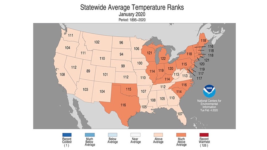 Statewide temperature rankings, January 2020