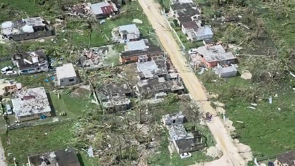 ST. ELIZABETH, JAMAICA: This screen grab from an aerial video shows damaged buildings and structures in St. Elizabeth Parish on Wednesday, October 29, 2025, after Hurricane Melissa tore through the island. (Photo by AFP VIDEOGRAPHICS/AFP via Getty Images)
