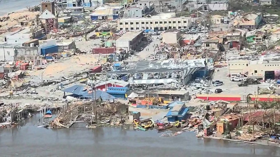 ST. ELIZABETH, JAMAICA: This screen grab from an aerial video shows damaged buildings and structures in St. Elizabeth Parish, Jamaica, on Wednesday, October 29, 2025, after Hurricane Melissa tore through the island. (Photo by AFP VIDEOGRAPHICS/AFP via Getty Images)