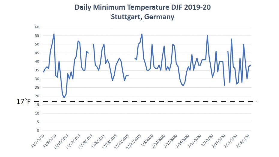 Daily minimum temperatures in Stuttgart, Germany, 12/19-2/20
