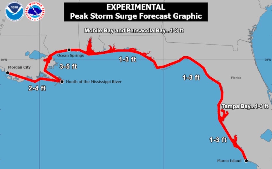 Storm surge forecast for Cristobal at 15Z 6/6/20