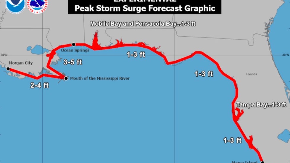 Storm surge forecast for Cristobal at 15Z 6/6/20