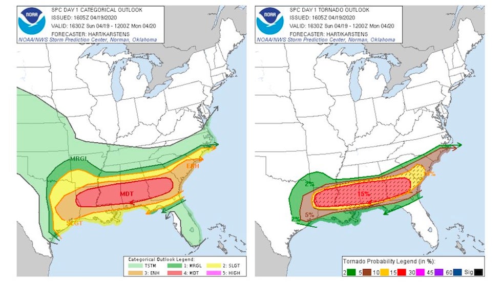 Severe weather outlook for Sun. 4/19/20 issued at 12:30 pm EDT