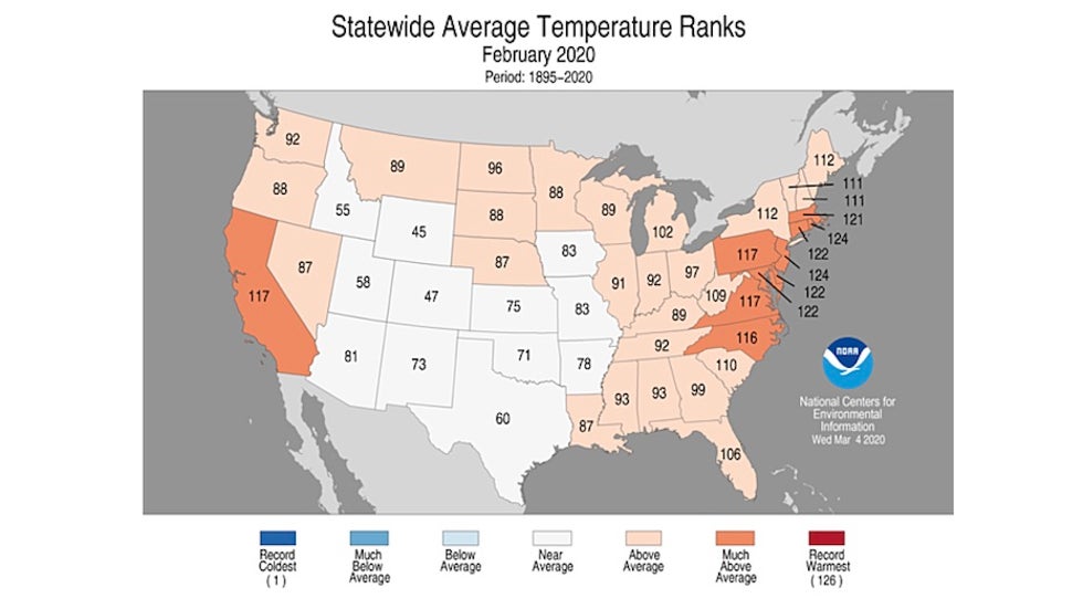 Map of U.S. temperature departures from average, Feb. 2020