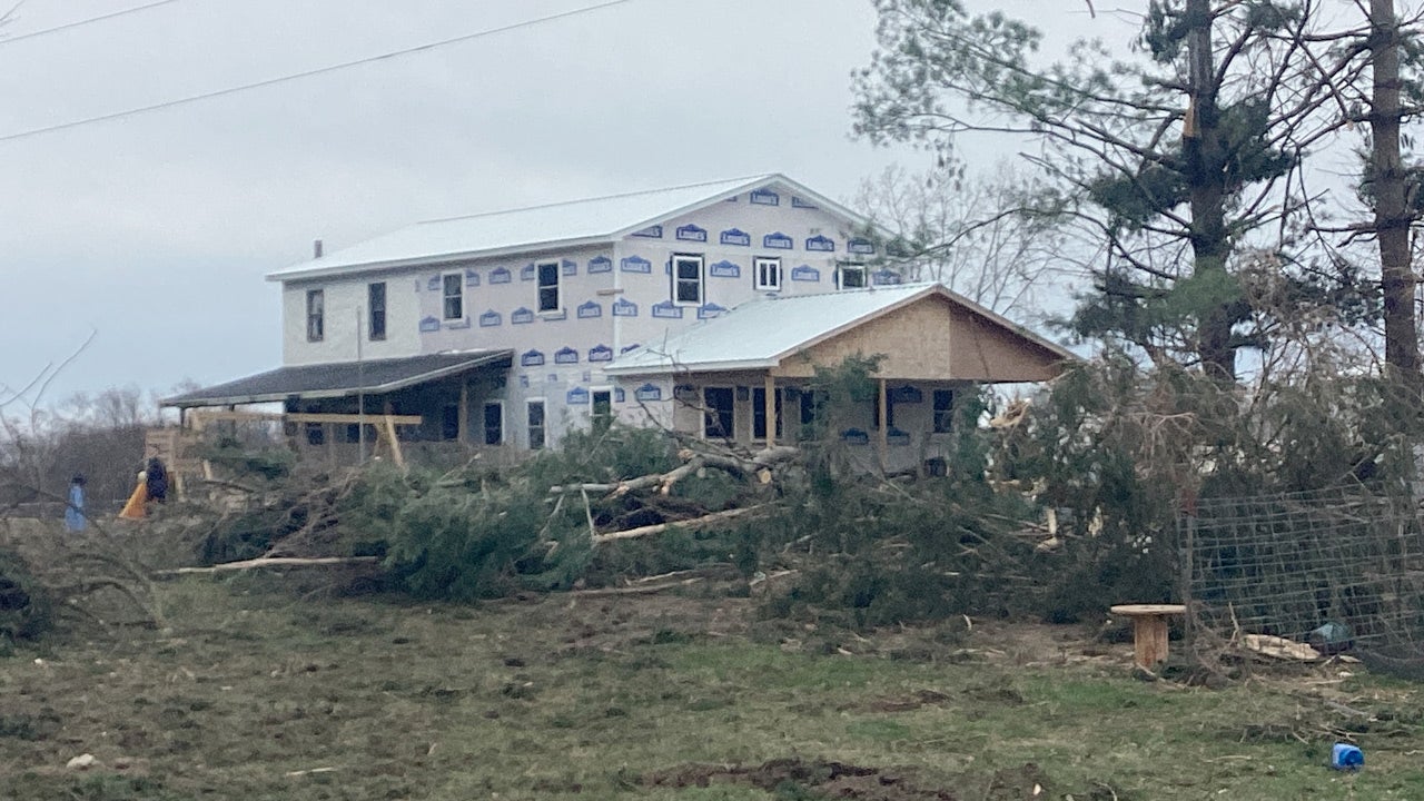 A home repaired by Amish after it likely suffered significant damage in Branch County, Michigan, on April 2, 2025.