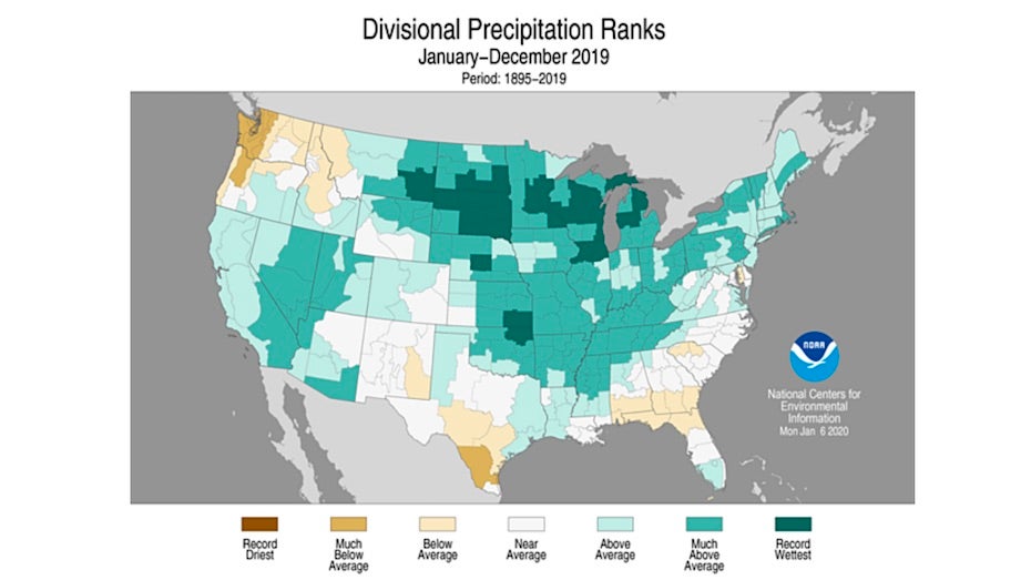 Precipitation rankings for U.S. climate divisions, 2019
