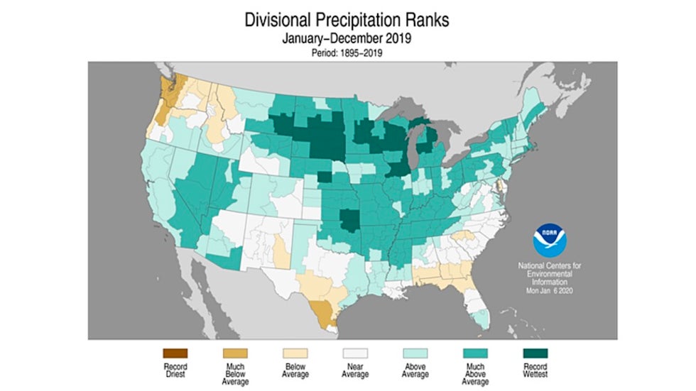 Precipitation rankings for U.S. climate divisions, 2019