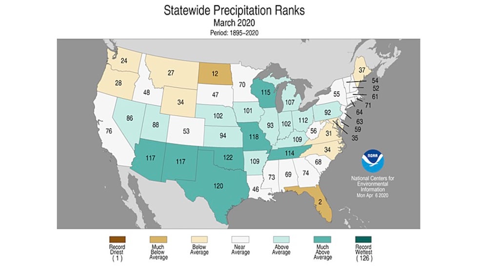 Statewide rankings for average precipitation in March 2020