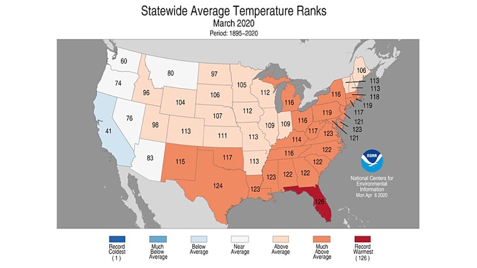 Statewide rankings for average temperature in March 2020