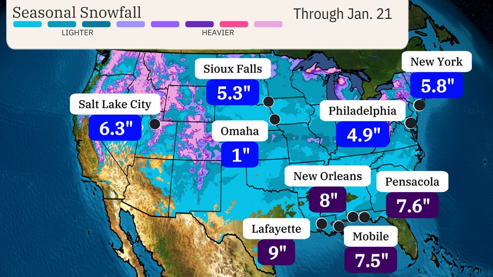 The contour shows estimated snowfall so far in the 2024-2025 season. Plotted on the map are city-specific totals.