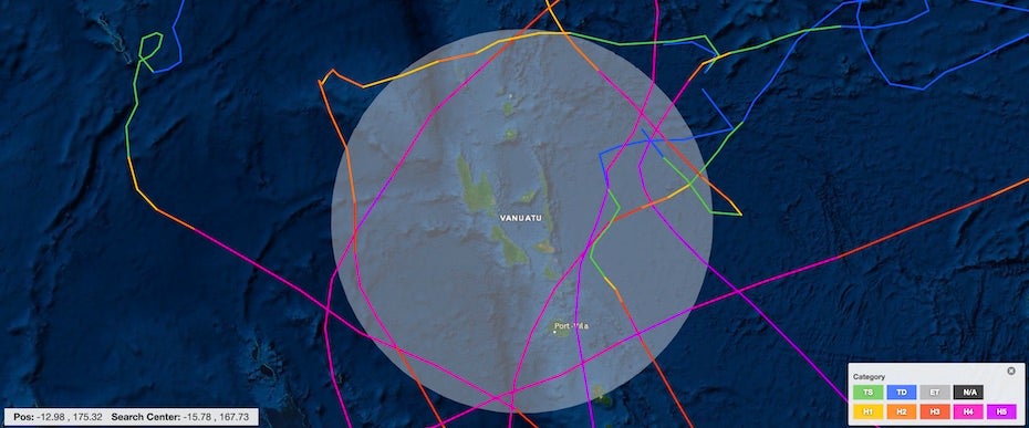 Map of Cat 4/5 tropical cyclones within 200 nm of central Vanuatu