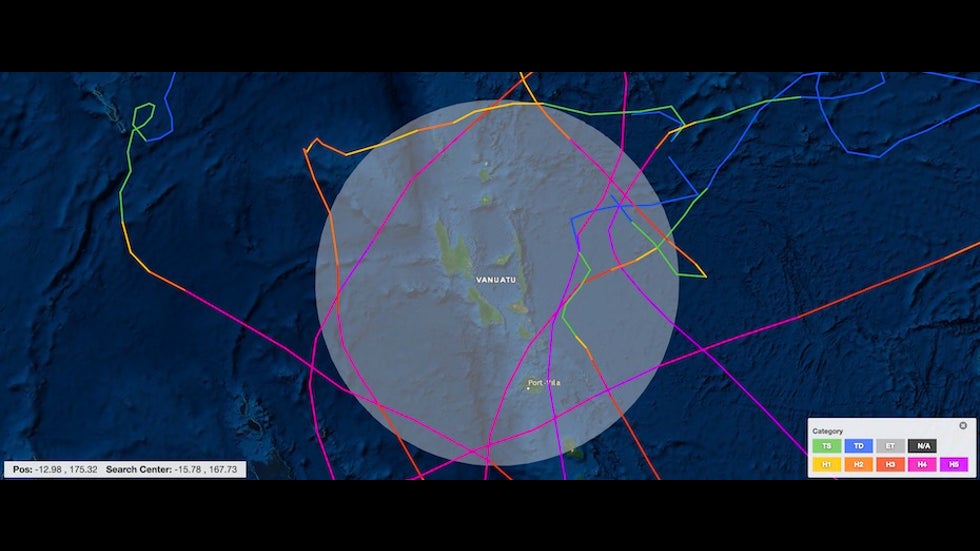 Map of Cat 4/5 tropical cyclones within 200 nm of central Vanuatu