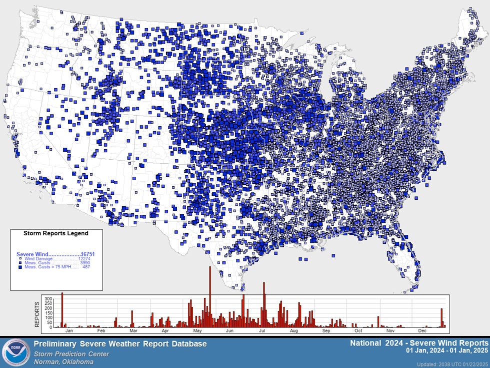 Severe wind or wind damage reports in 2024.