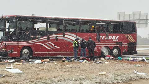 A bus is finally turned upright after a crash in De Soto County, Mississippi, where two were killed and dozens injured as Winter Storm Avery made driving conditions dangerous on Wednesday, Nov. 14, 2018. (Fox13Memphis.com)