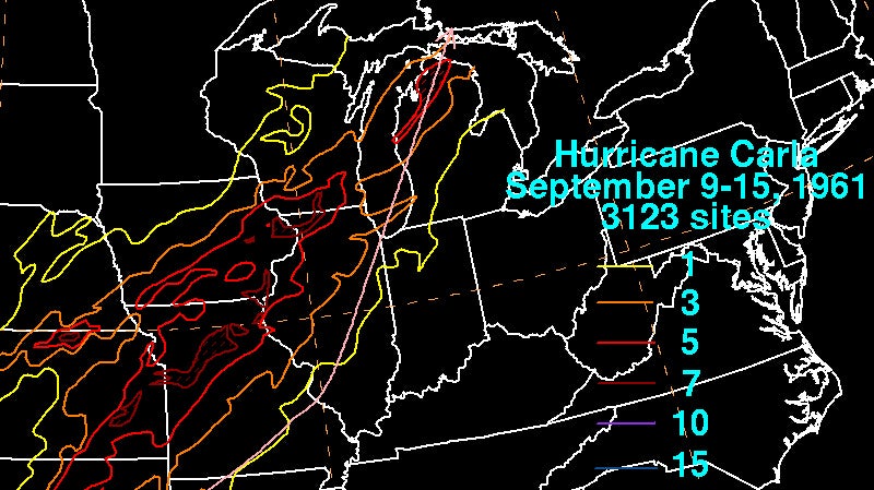 Wisconsin: Rainfall amounts, in inches, attributed to the remnants of Hurricane Carla. (David Roth, NOAA/WPC)