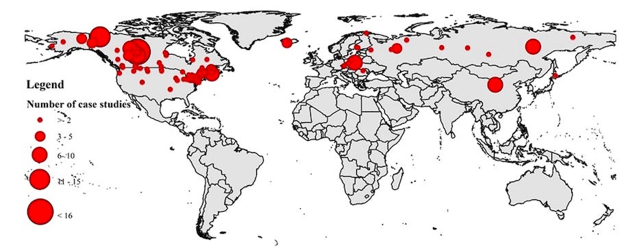 Locations of ice jams and related studies worldwide