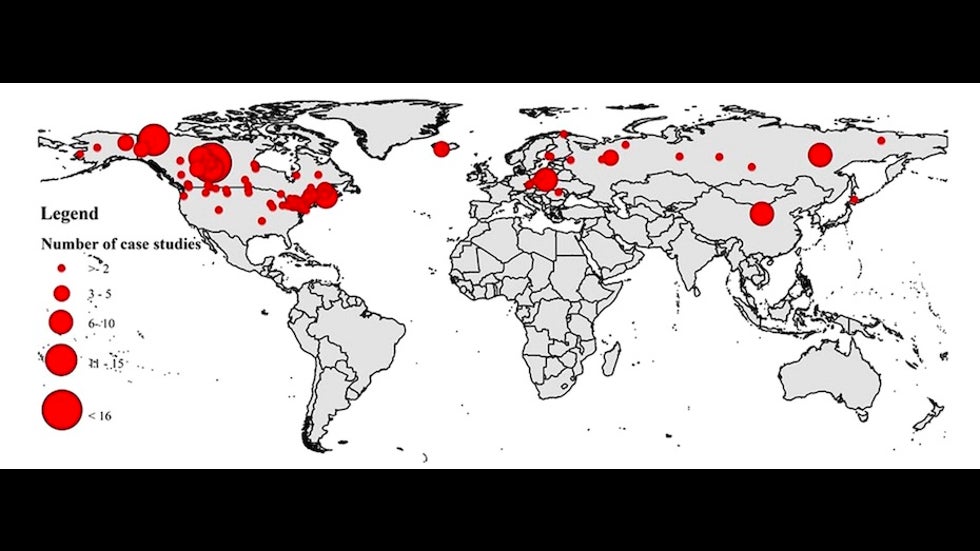 Locations of ice jams and related studies worldwide