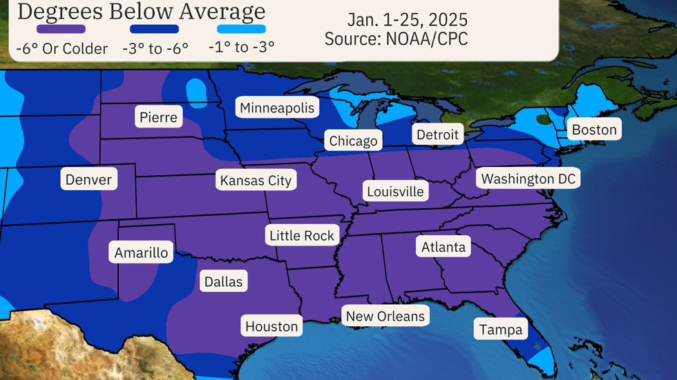 January's temperatures compared to average through Jan. 25, 2025.