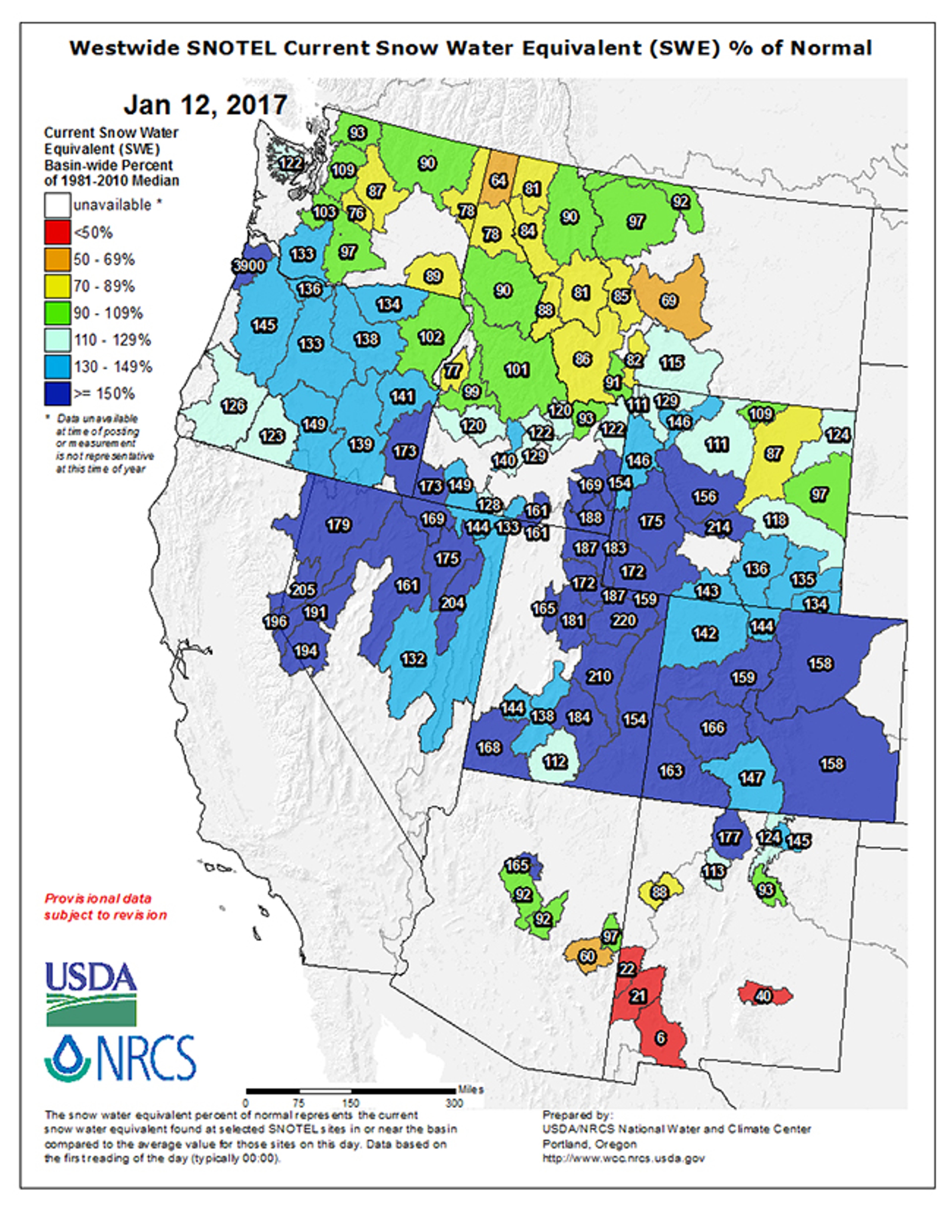 Westwide SNOTEL Current Snow Water Equivalent % of Normal