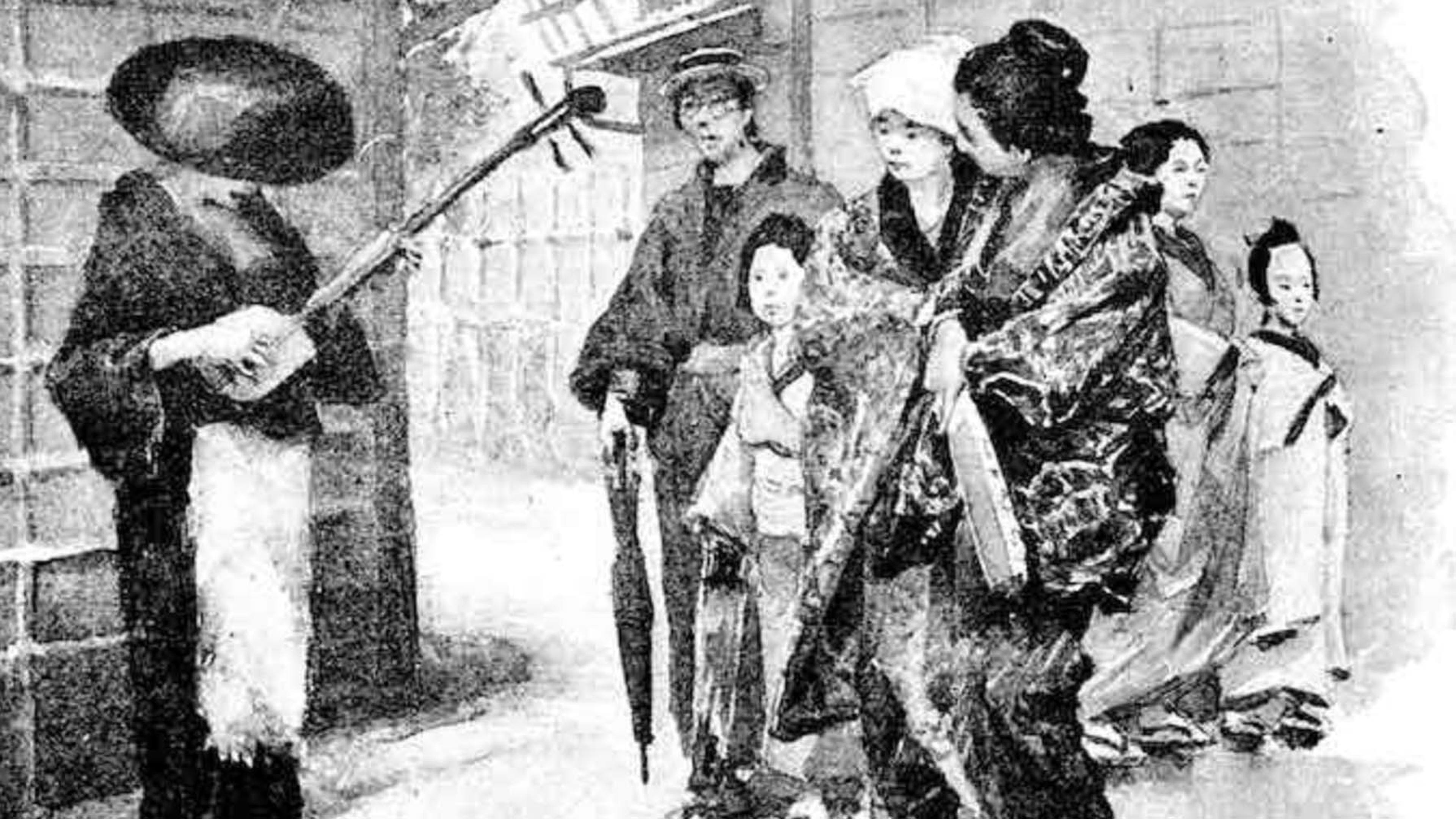 An antique illustration of a Japanese busker playing a shamisen. 
