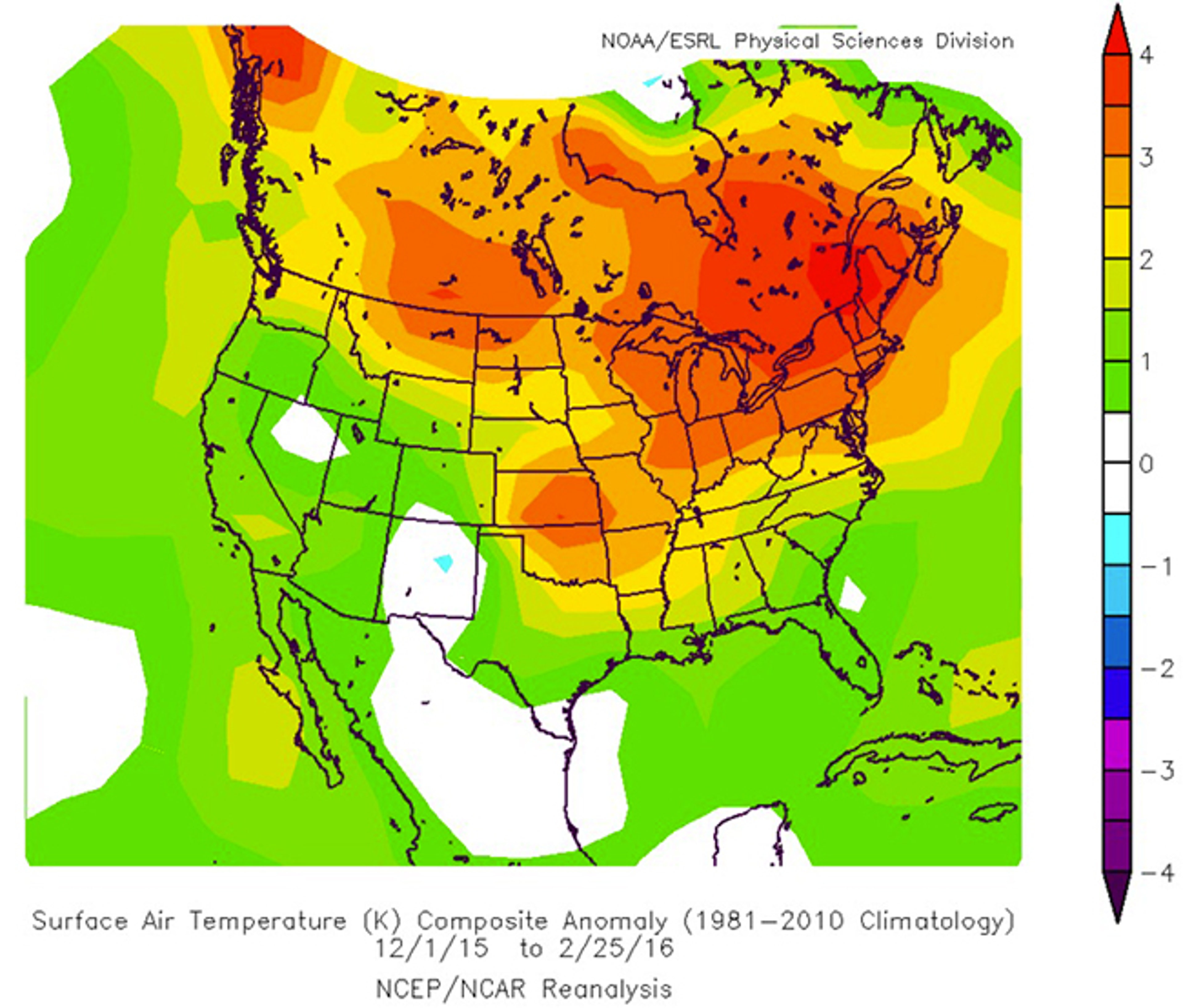 Dec. 1 - Feb. 25, 2016 temperature anomalies (in deg. C) over the U.S.