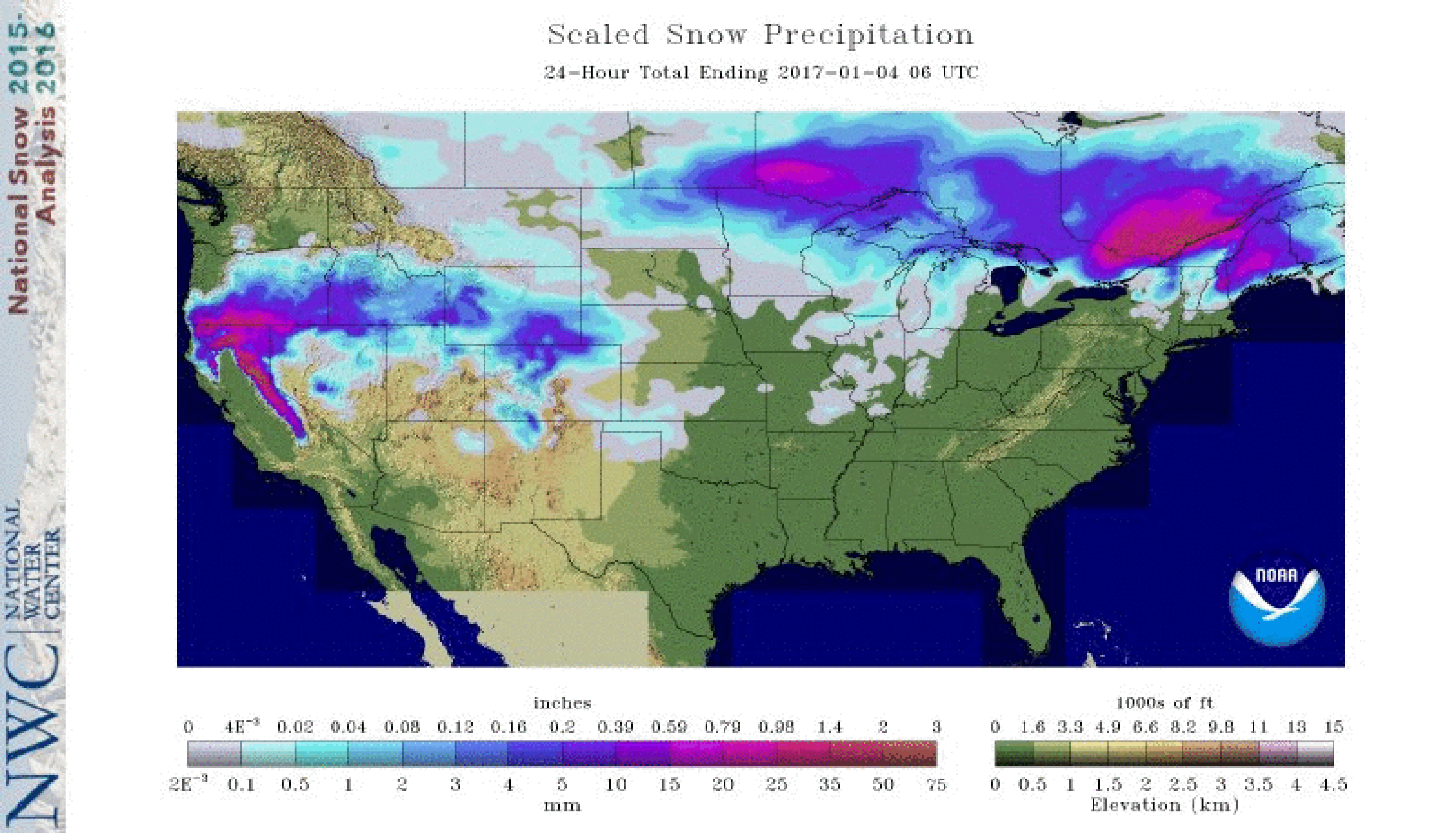Loop of 24-hour snowfall accumulation from Jan. 3-7, 2017, from Winter Storm Helena from the West to the South and East. Note: Some sleet/ice areas in the South show up as #snow in this analysis. (NOAA/NOHRSC)
