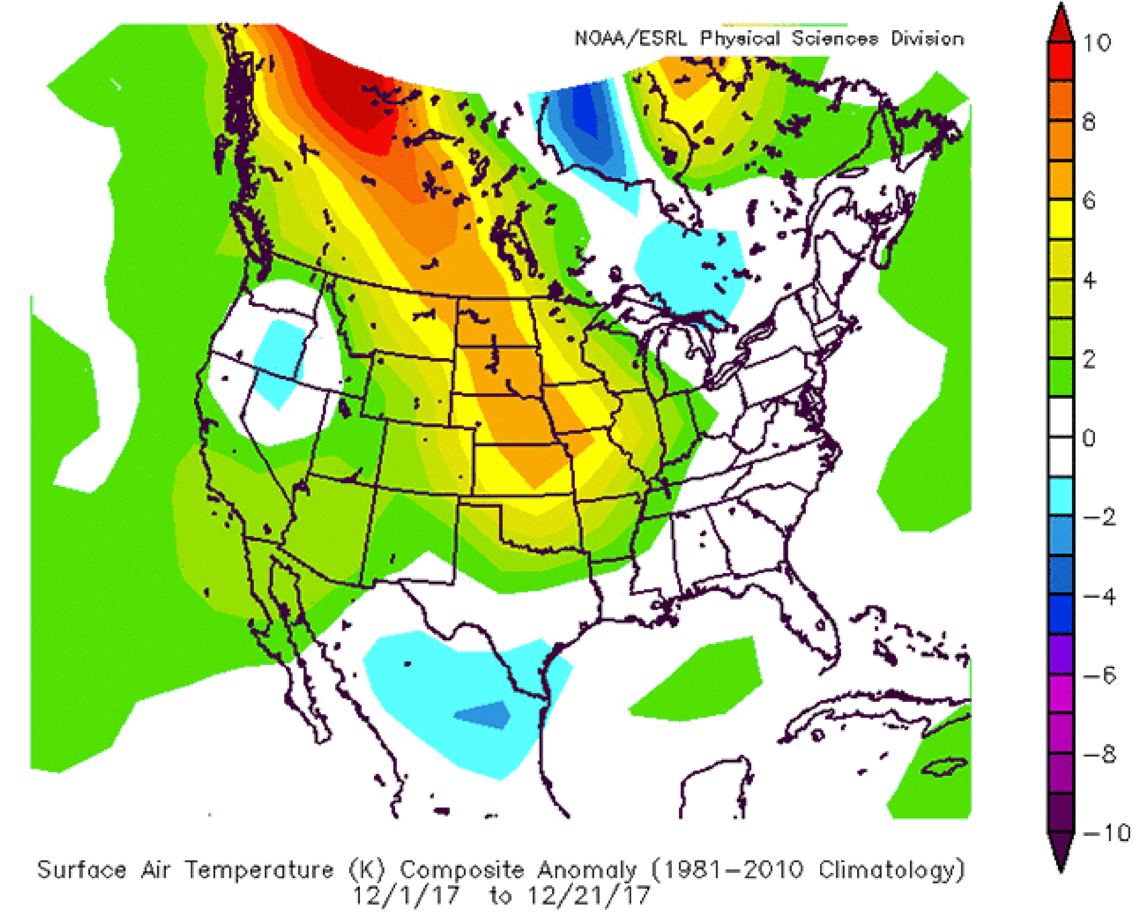 Surface temperature departures from average in degrees Celsius from Dec. 1-21, 2017 (first image), showing the relative warmth in the Plains, followed by the much colder Dec. 22-Jan. 15, 2018 period (second image).