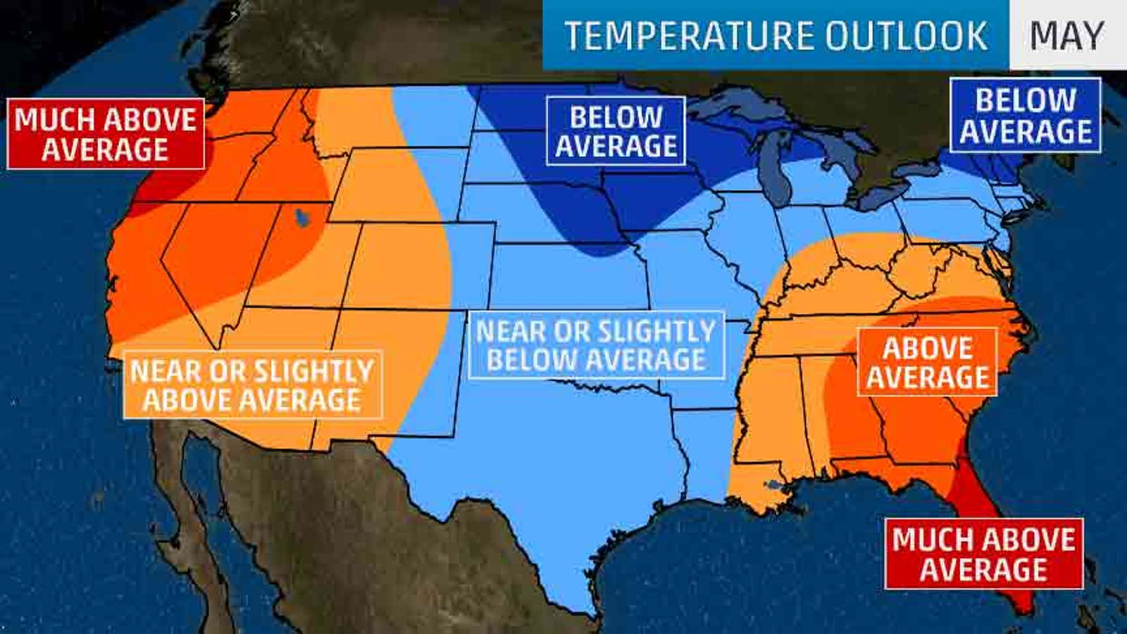 Weather Map May May 2019 Temperature Outlook: Warm in West and Southeast, Cool in ...