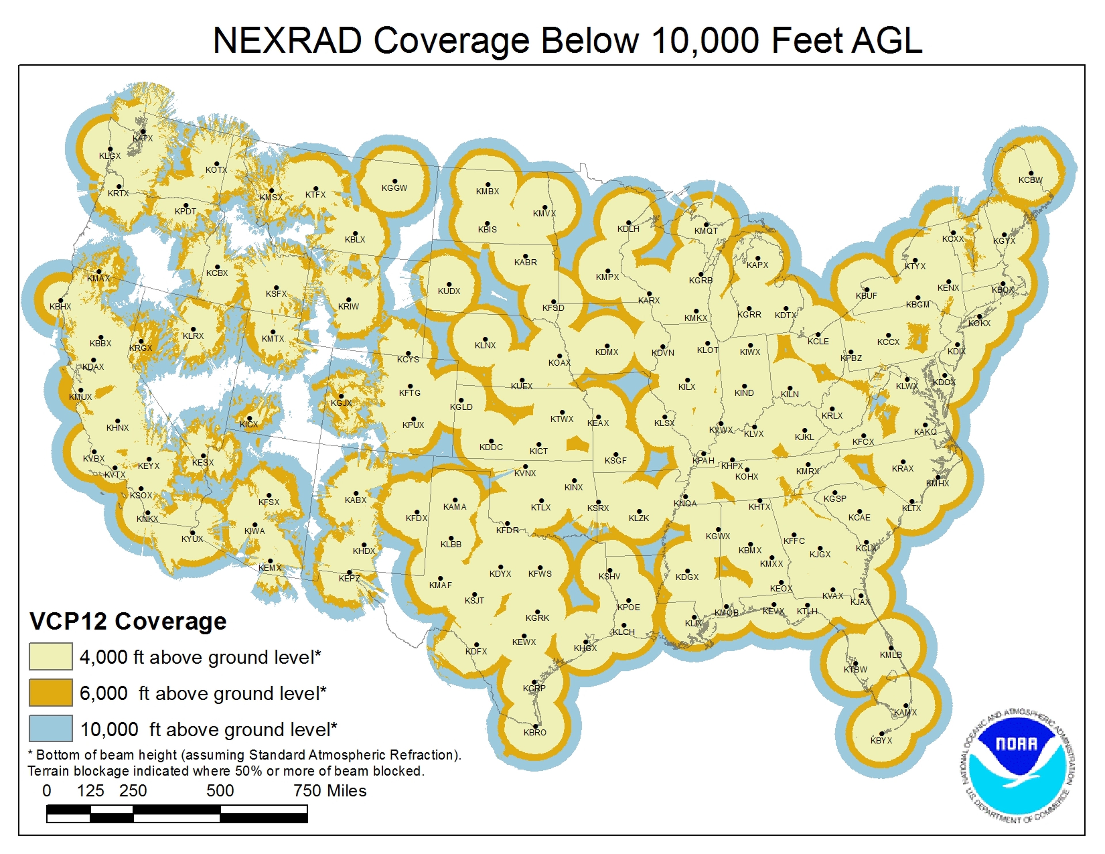 National radar coverage in 2011, where light yellow indicates good radar coverage, blue indicates poor radar coverage and white indicates no radar coverage. 