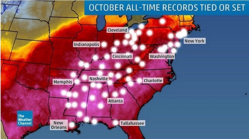 Map of sites in the eastern U.S. that set their all-time October monthly heat records during the period of October 1-4, 2019