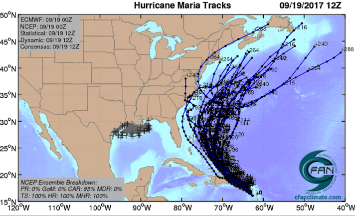 GFS ensemble tracks for Maria, 0Z 9/19/2017 GFS ensemble tracks for Maria, 0Z 9/19/2017