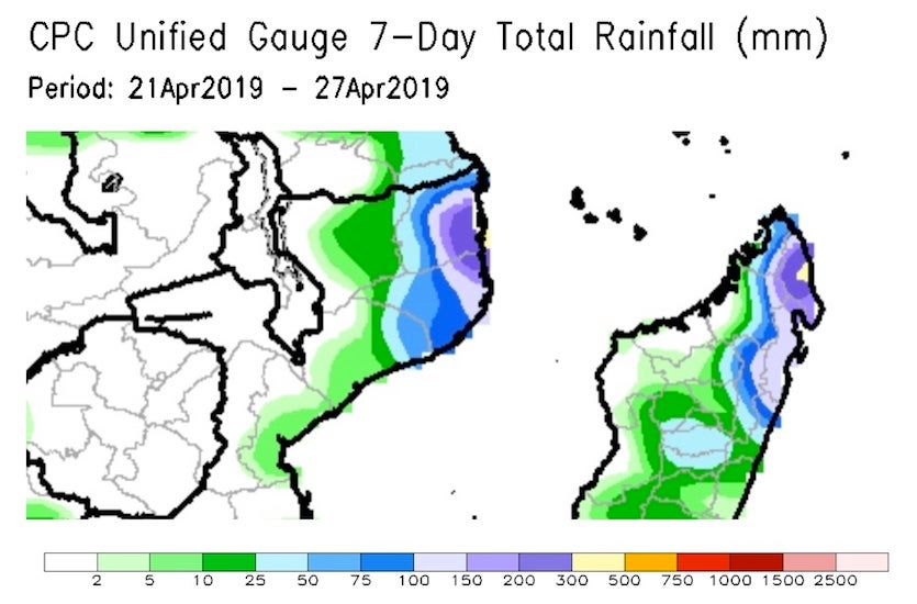 Satellite-based estimates of rainfall for the week ending Saturday, April 27, 2019