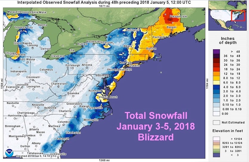 Figure 1. Total snowfall from this week’s East Coast winter storm. Image credit: NOAA/NWS Eastern Region. Figure 1. Total snowfall from this week’s East Coast winter storm. Image credit: NOAA/NWS Eastern Region.