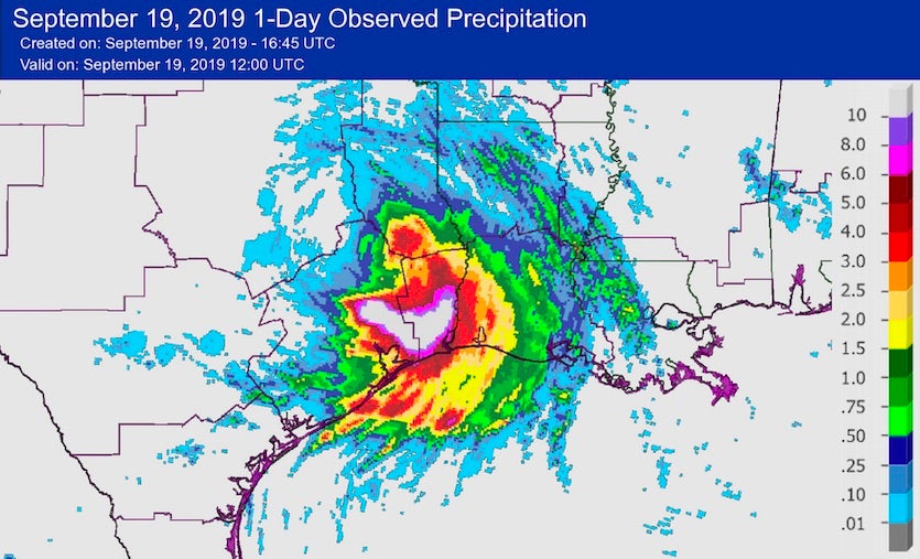 24-hour rainfall estimates for Imelda through 8 am EDT 9/19/19